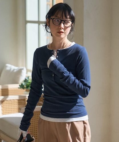 棉莫代爾 亨利領 疊穿 長袖T恤 組合款