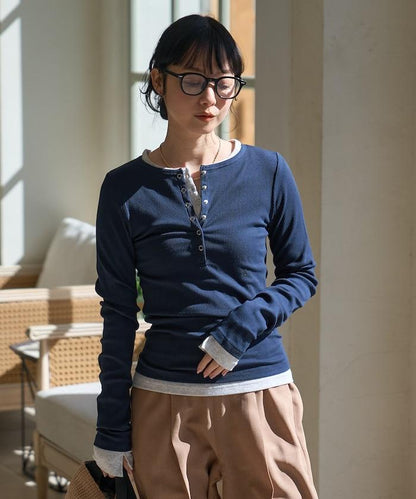 棉莫代爾 亨利領 疊穿 長袖T恤 組合款