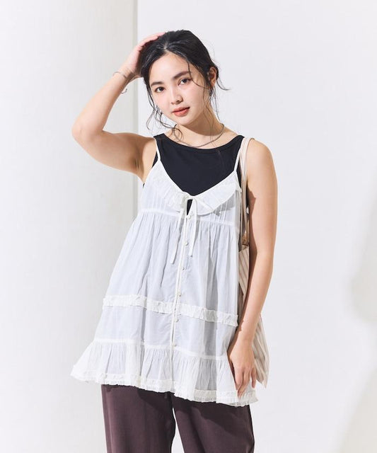 印度薄紗面料 荷葉邊 吊帶長款上衣