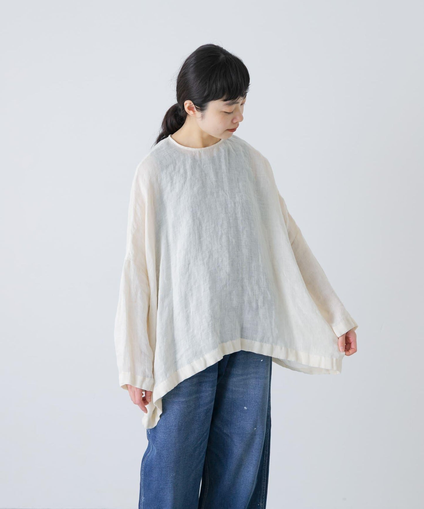 亞麻薄紗寬鬆套頭上衣