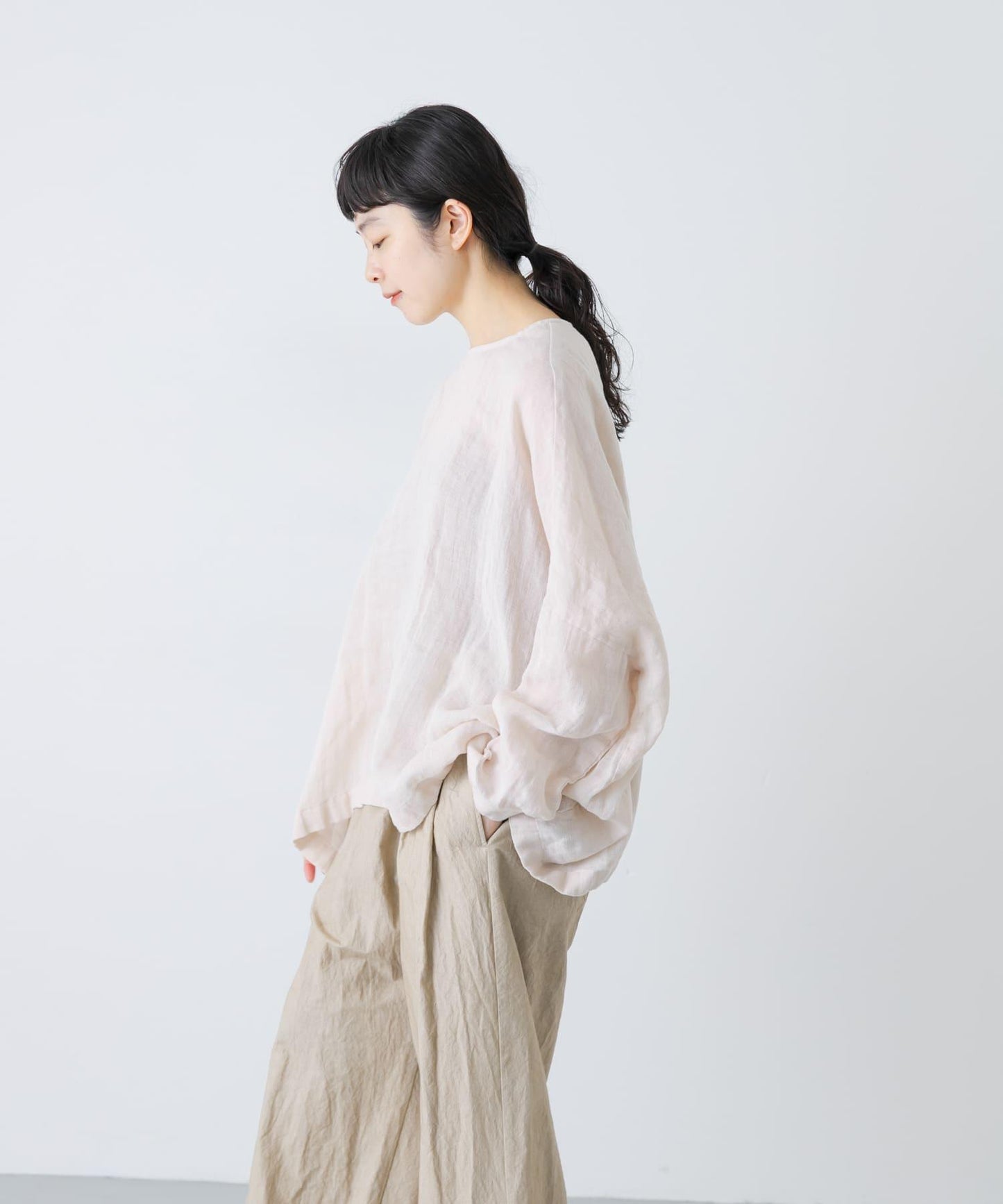 亞麻薄紗寬鬆套頭上衣