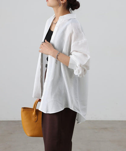 後背抽褶條紋襯衫