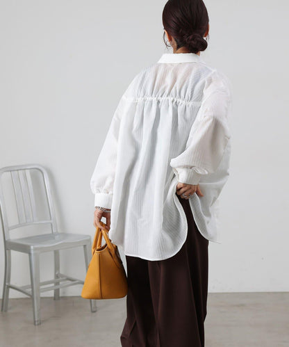 後背抽褶條紋襯衫