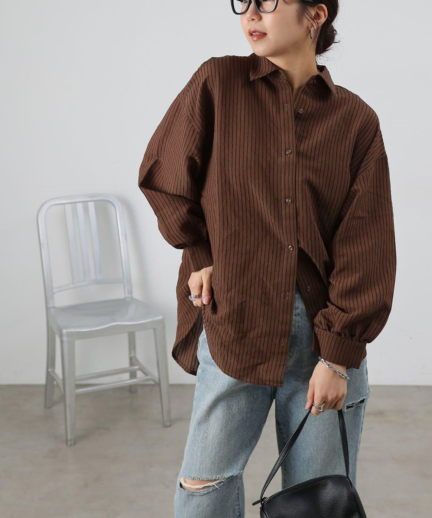 後背抽褶條紋襯衫