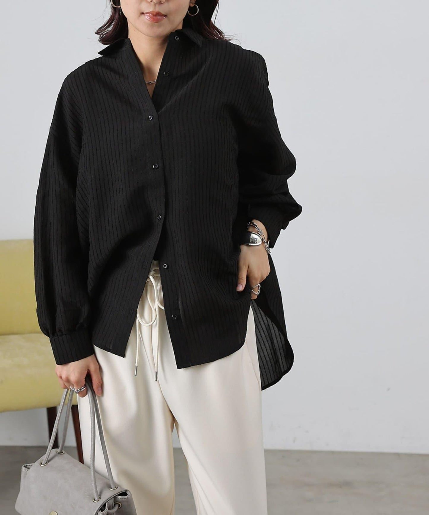 後背抽褶條紋襯衫