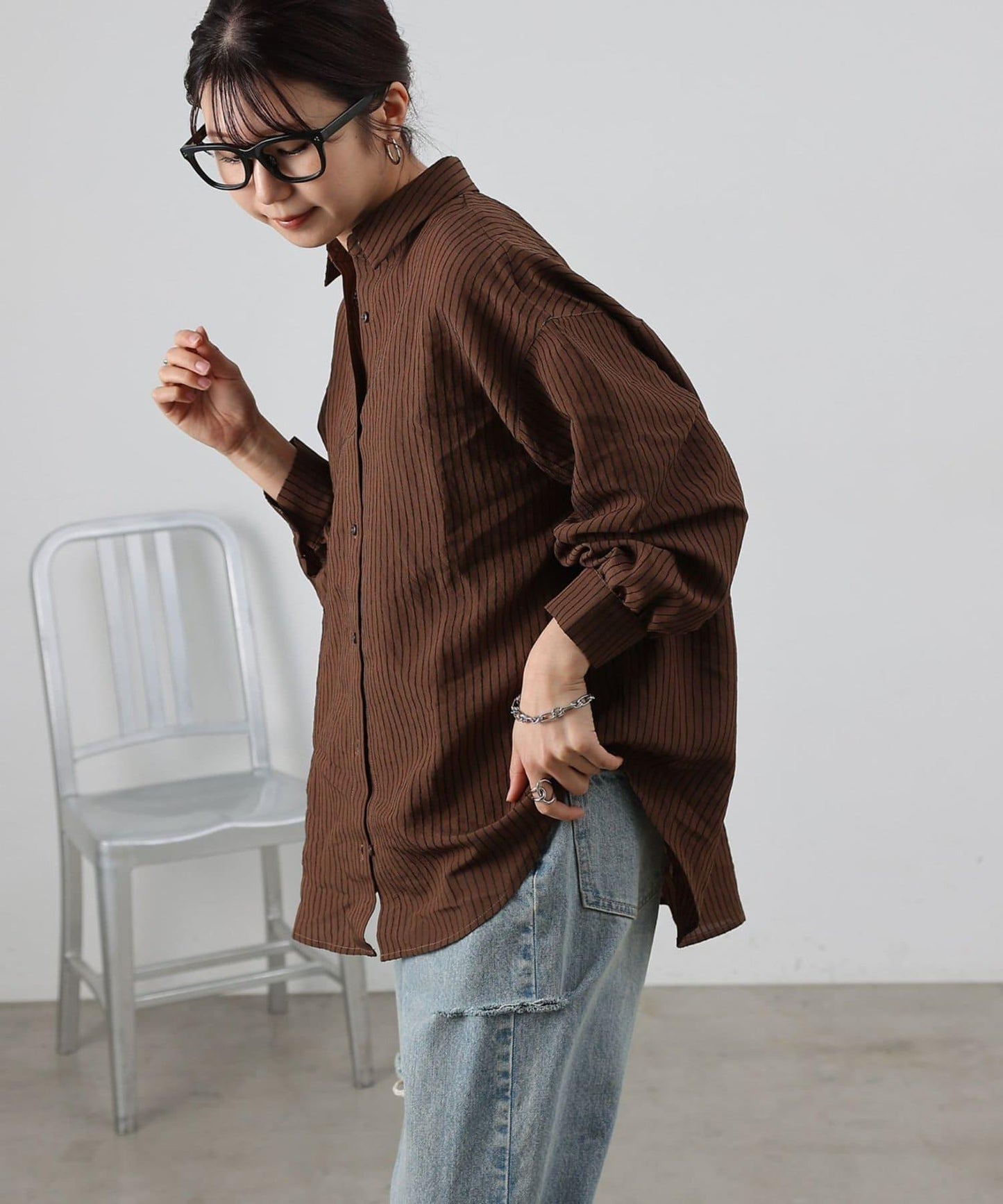 後背抽褶條紋襯衫