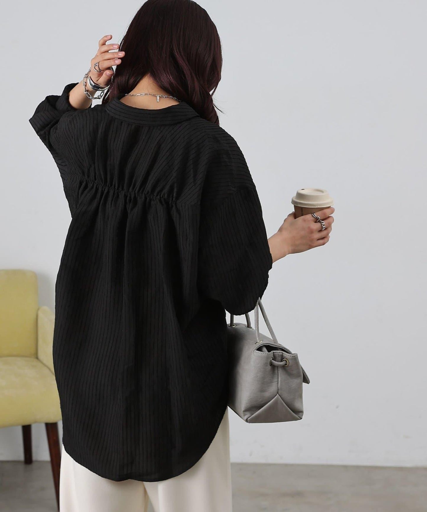 後背抽褶條紋襯衫