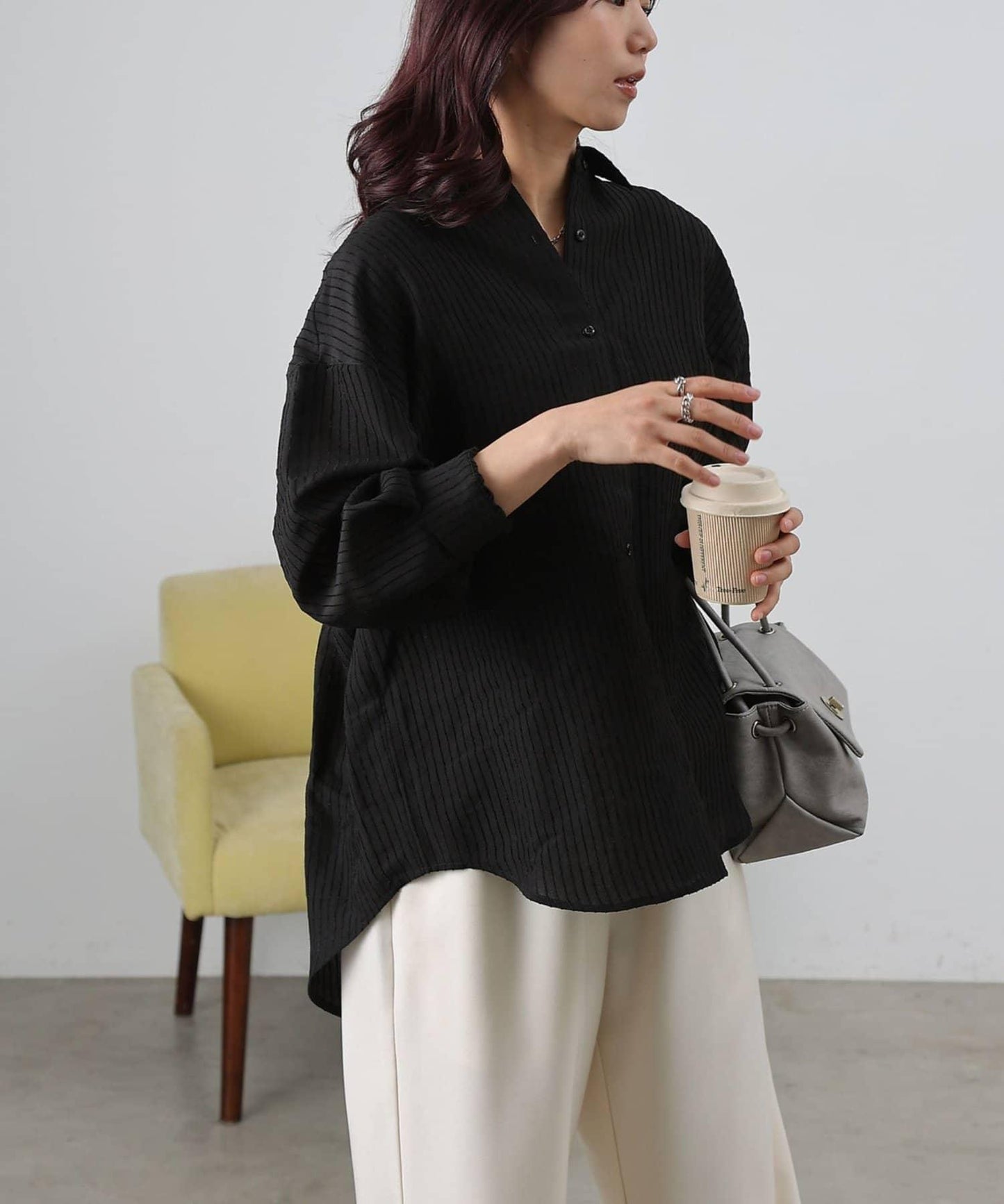 後背抽褶條紋襯衫