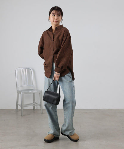 後背抽褶條紋襯衫