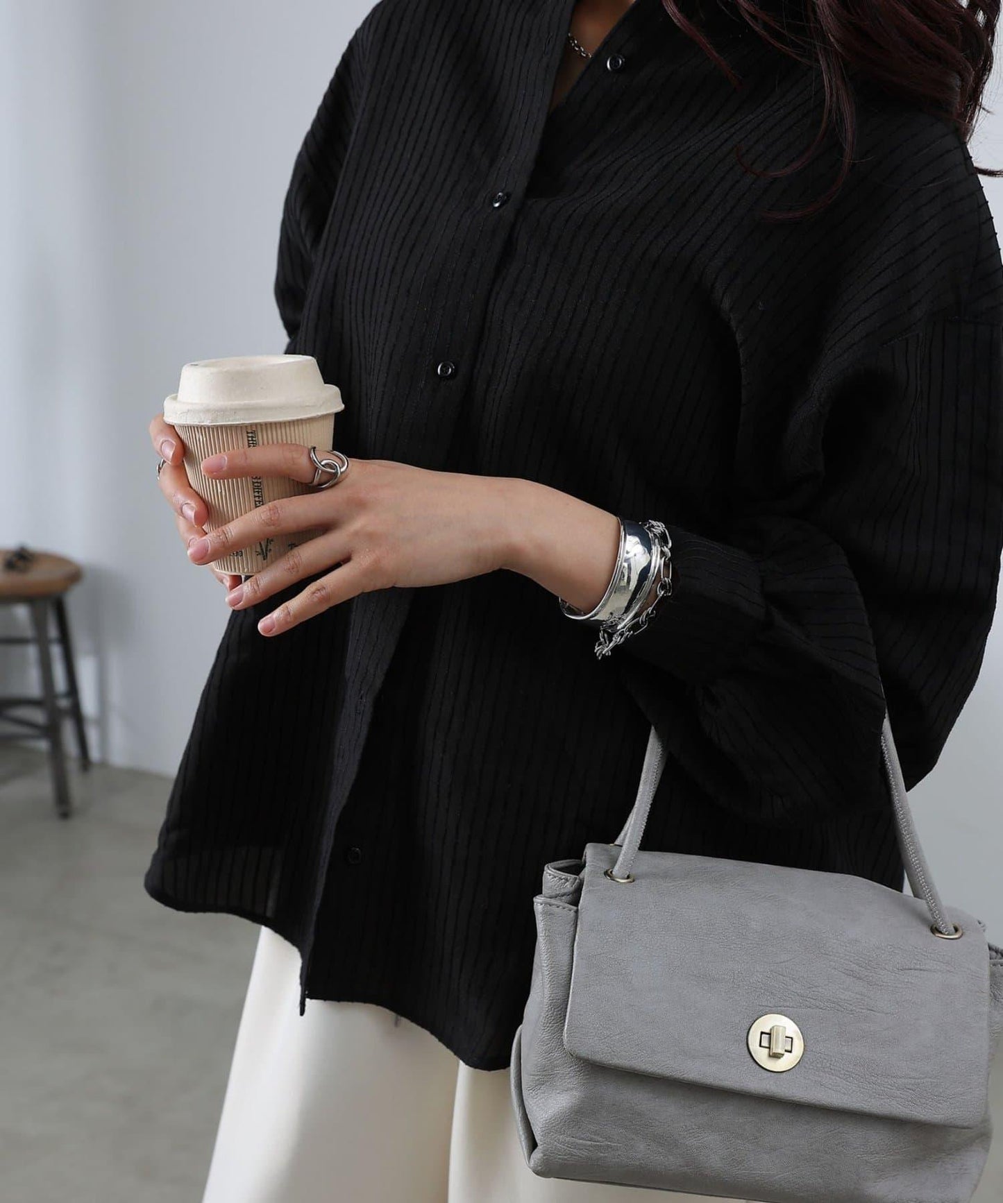 後背抽褶條紋襯衫