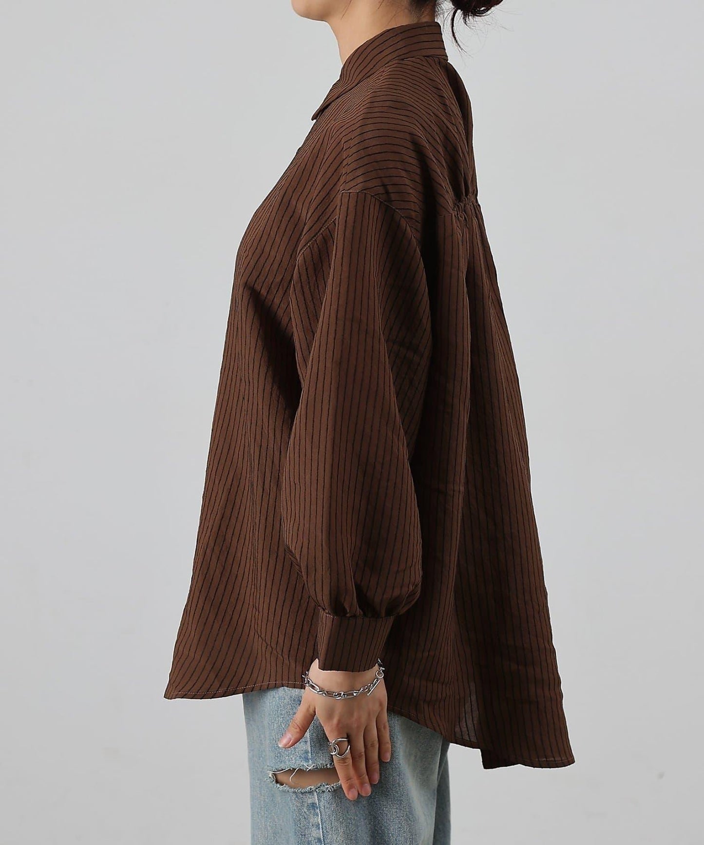 後背抽褶條紋襯衫