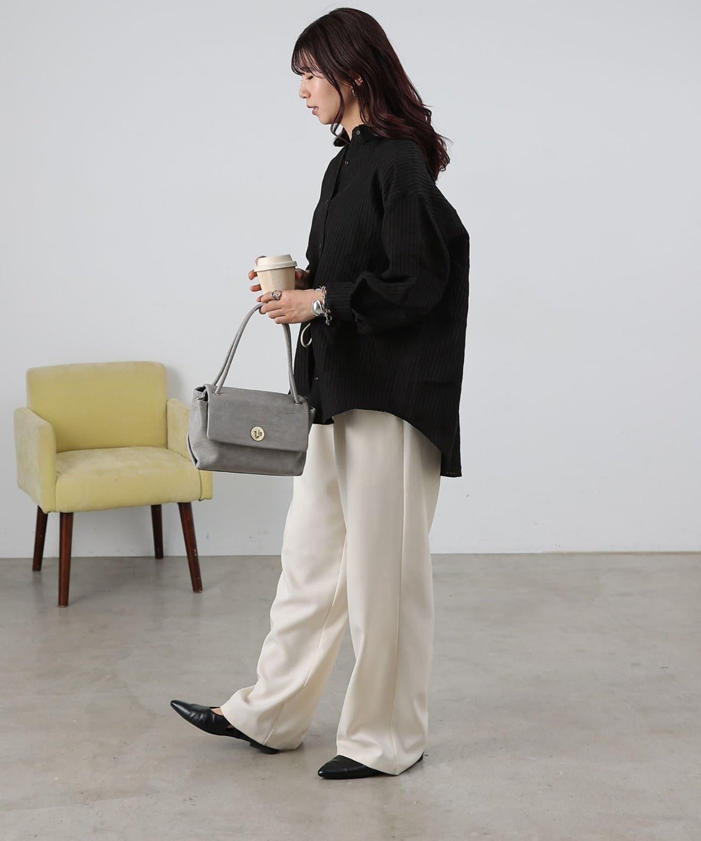 後背抽褶條紋襯衫