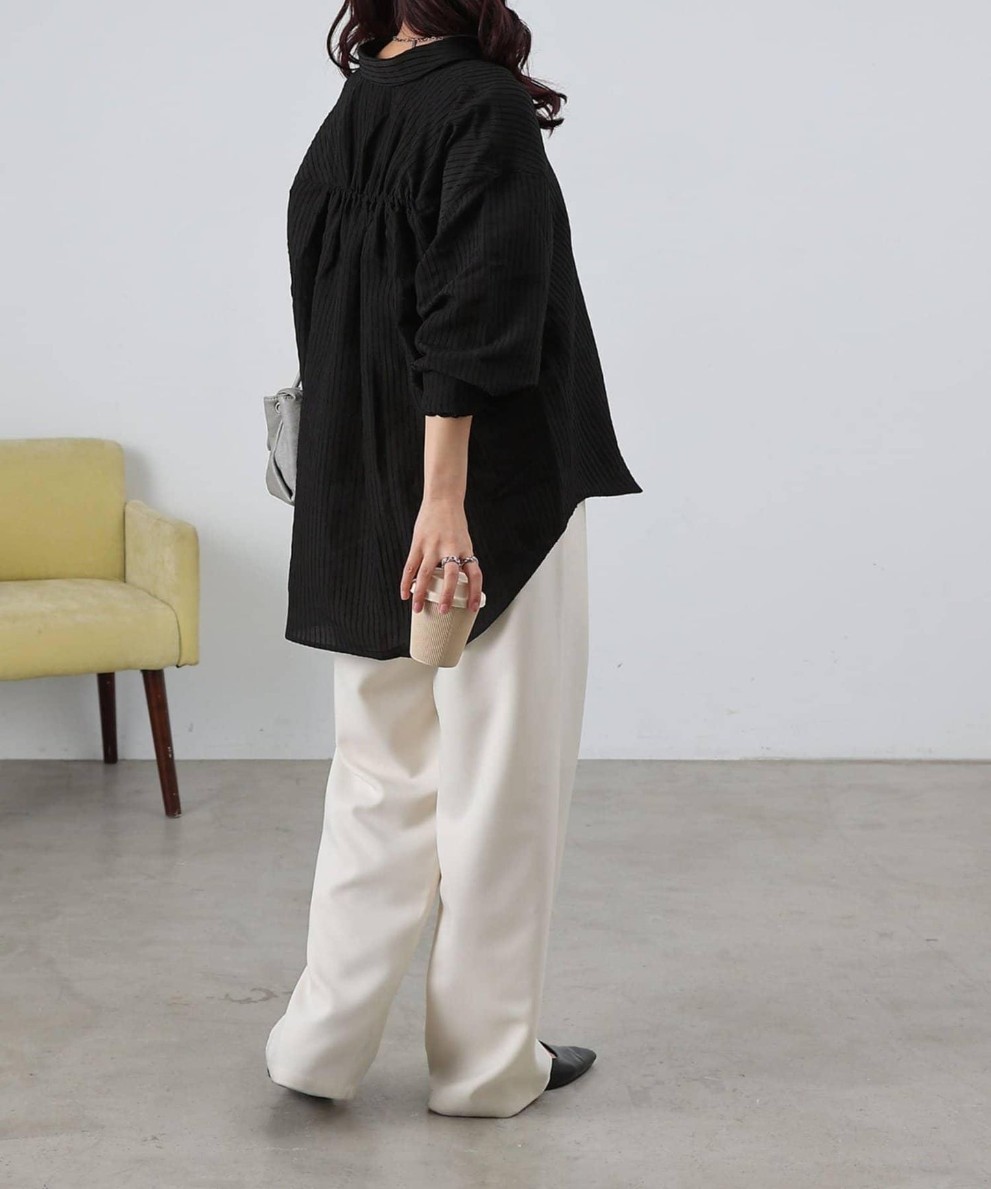 後背抽褶條紋襯衫