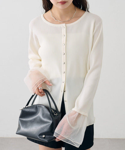 網紗拼接袖 羅紋 針織開衫