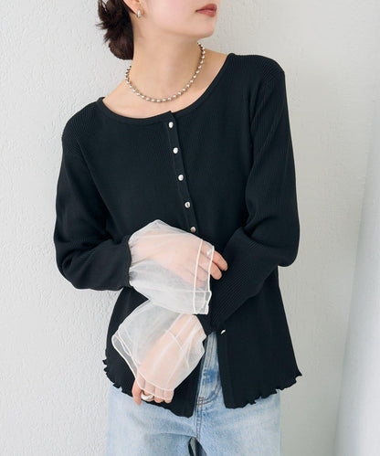 網紗拼接袖 羅紋 針織開衫