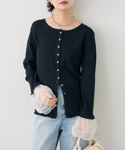 網紗拼接袖 羅紋 針織開衫