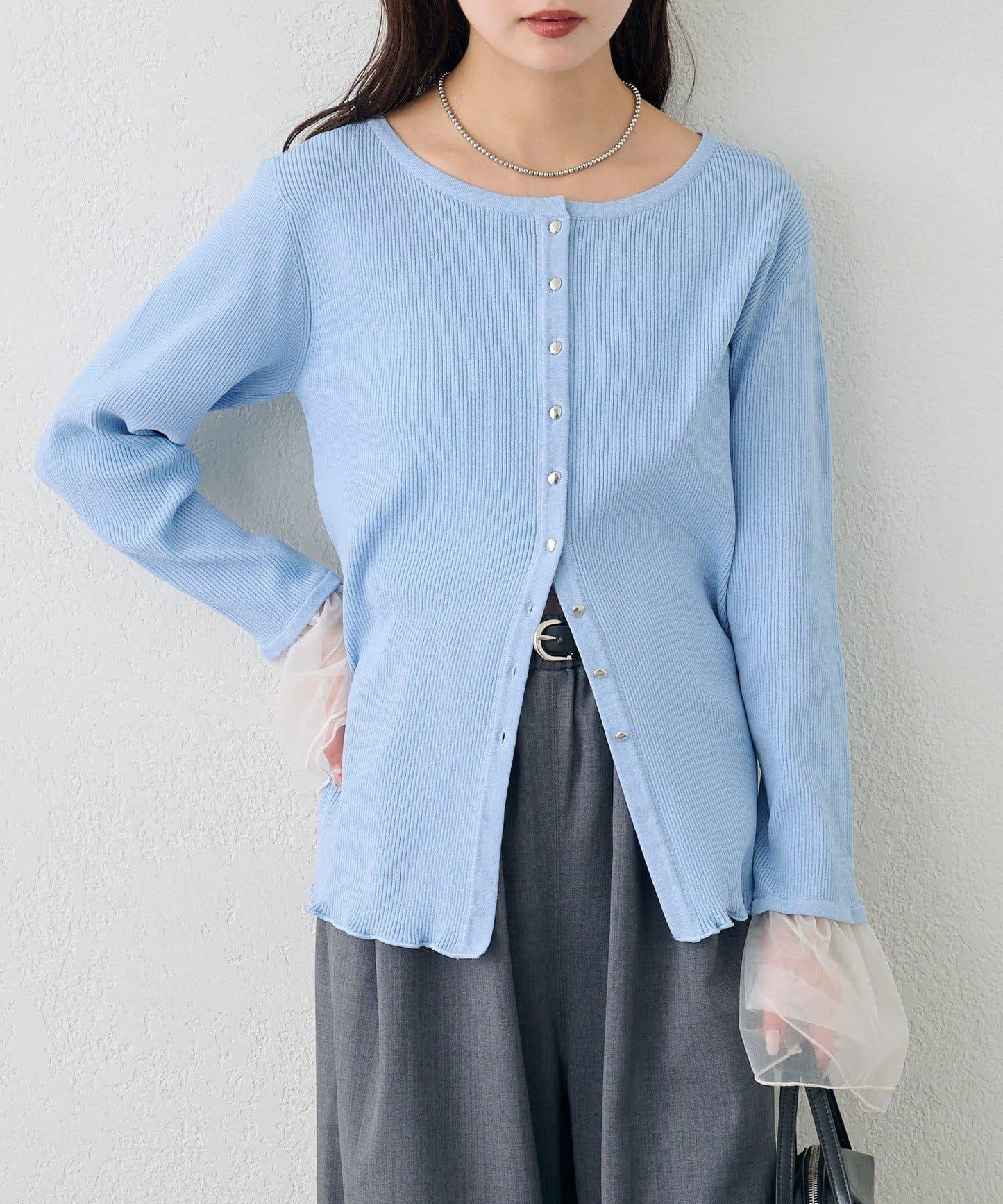 網紗拼接袖 羅紋 針織開衫