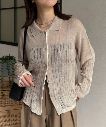 拼色 翻領 透膚針織開衫