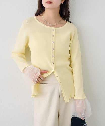 網紗拼接袖 羅紋 針織開衫