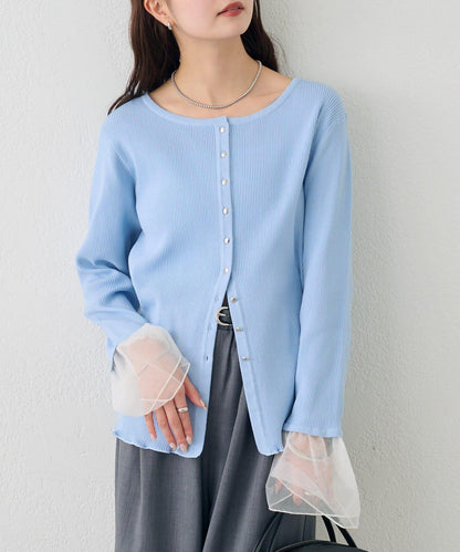 網紗拼接袖 羅紋 針織開衫