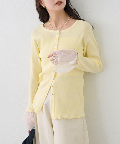 網紗拼接袖 羅紋 針織開衫