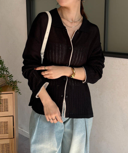 拼色 翻領 透膚針織開衫