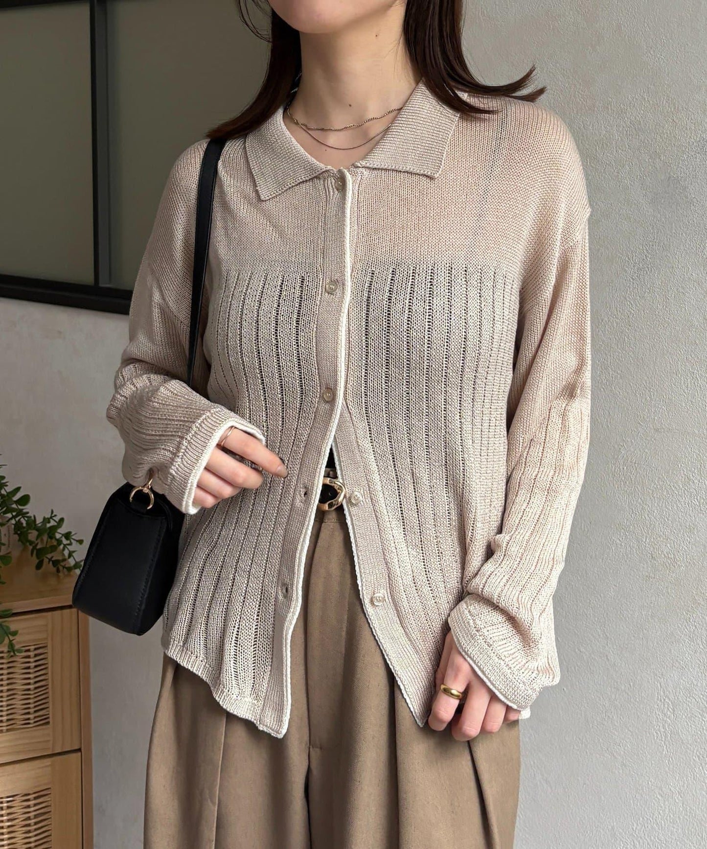 拼色 翻領 透膚針織開衫