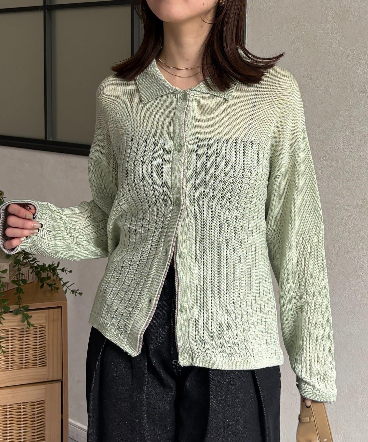 拼色 翻領 透膚針織開衫