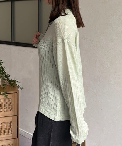 拼色 翻領 透膚針織開衫