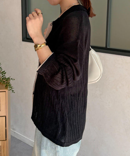 拼色 翻領 透膚針織開衫