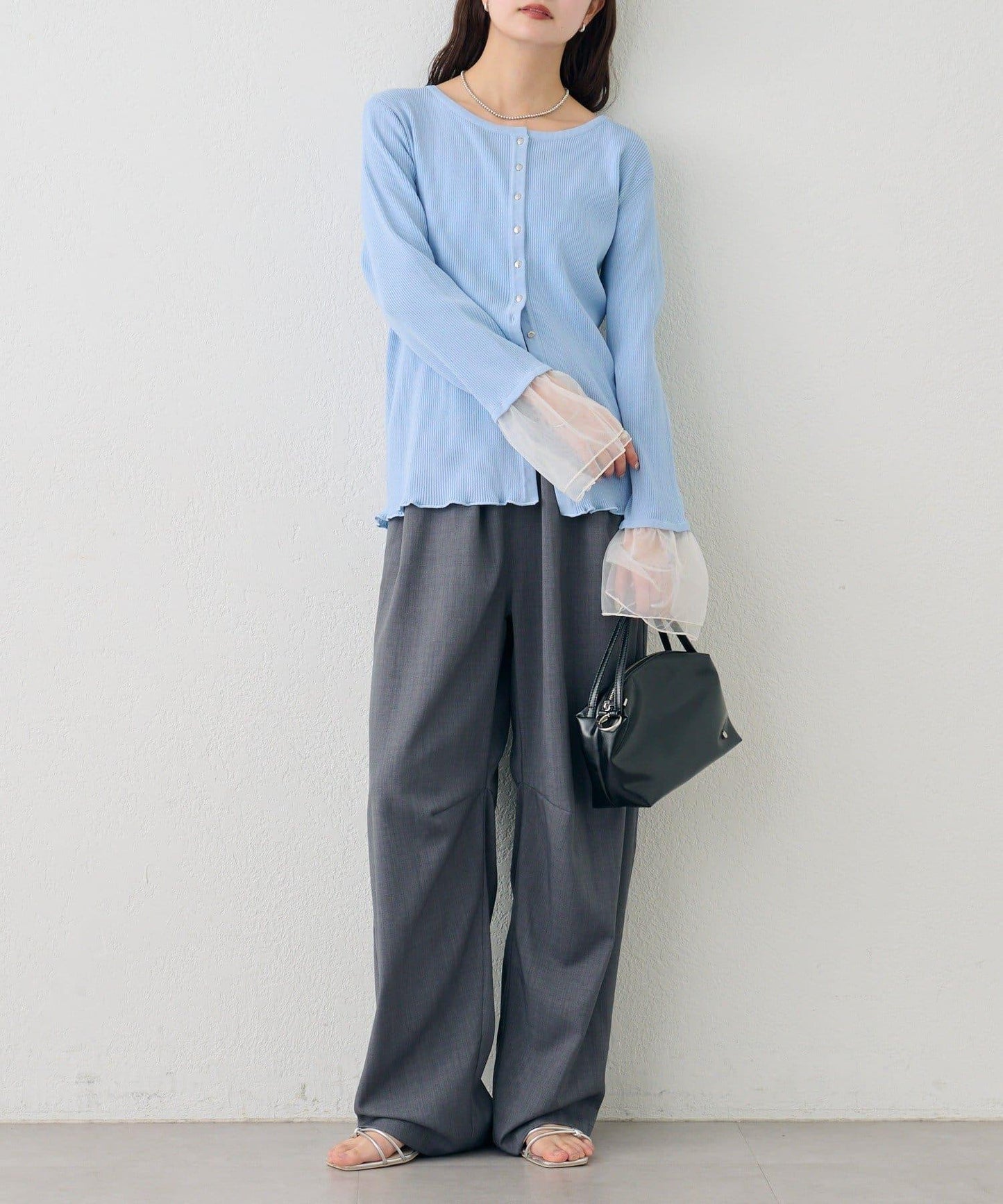 網紗拼接袖 羅紋 針織開衫