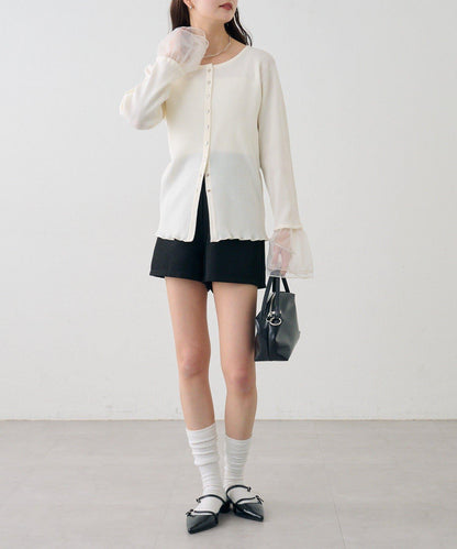 網紗拼接袖 羅紋 針織開衫