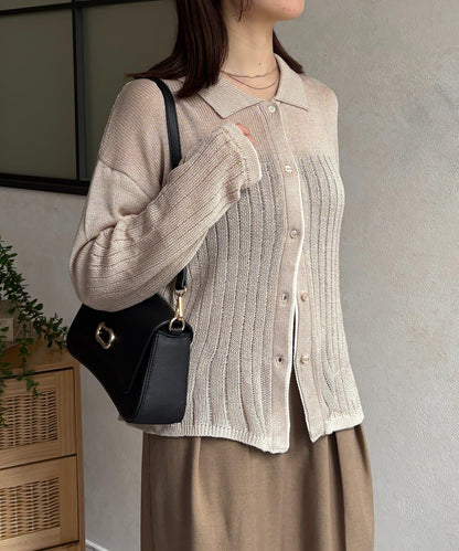 拼色 翻領 透膚針織開衫