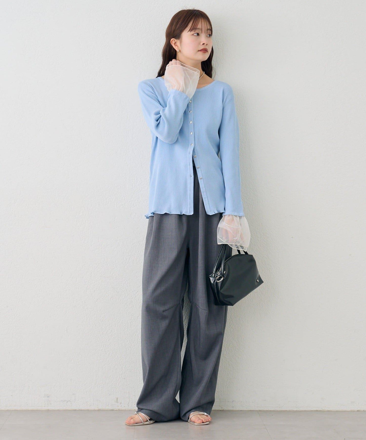 網紗拼接袖 羅紋 針織開衫