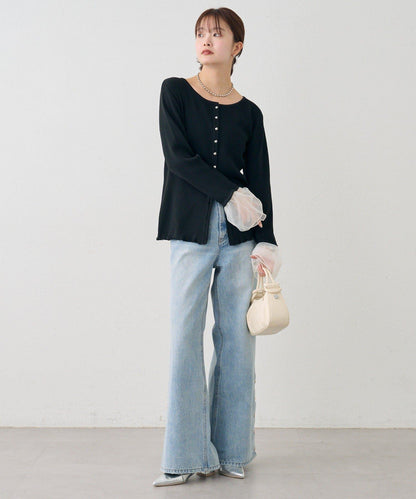 網紗拼接袖 羅紋 針織開衫