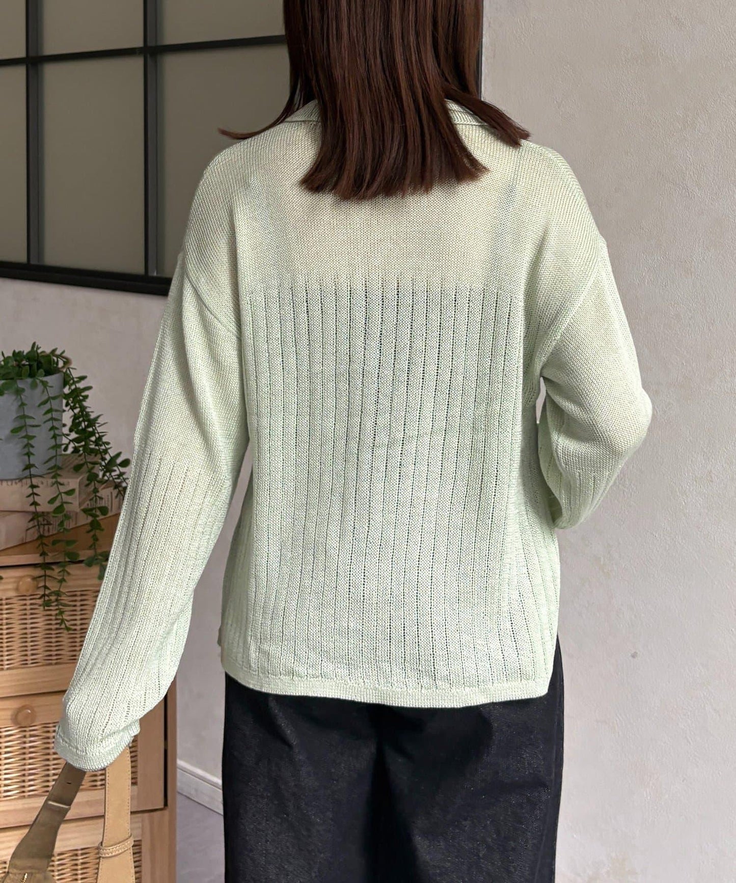 拼色 翻領 透膚針織開衫