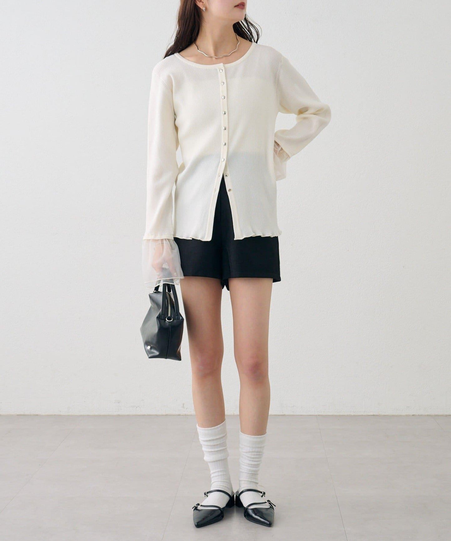 網紗拼接袖 羅紋 針織開衫