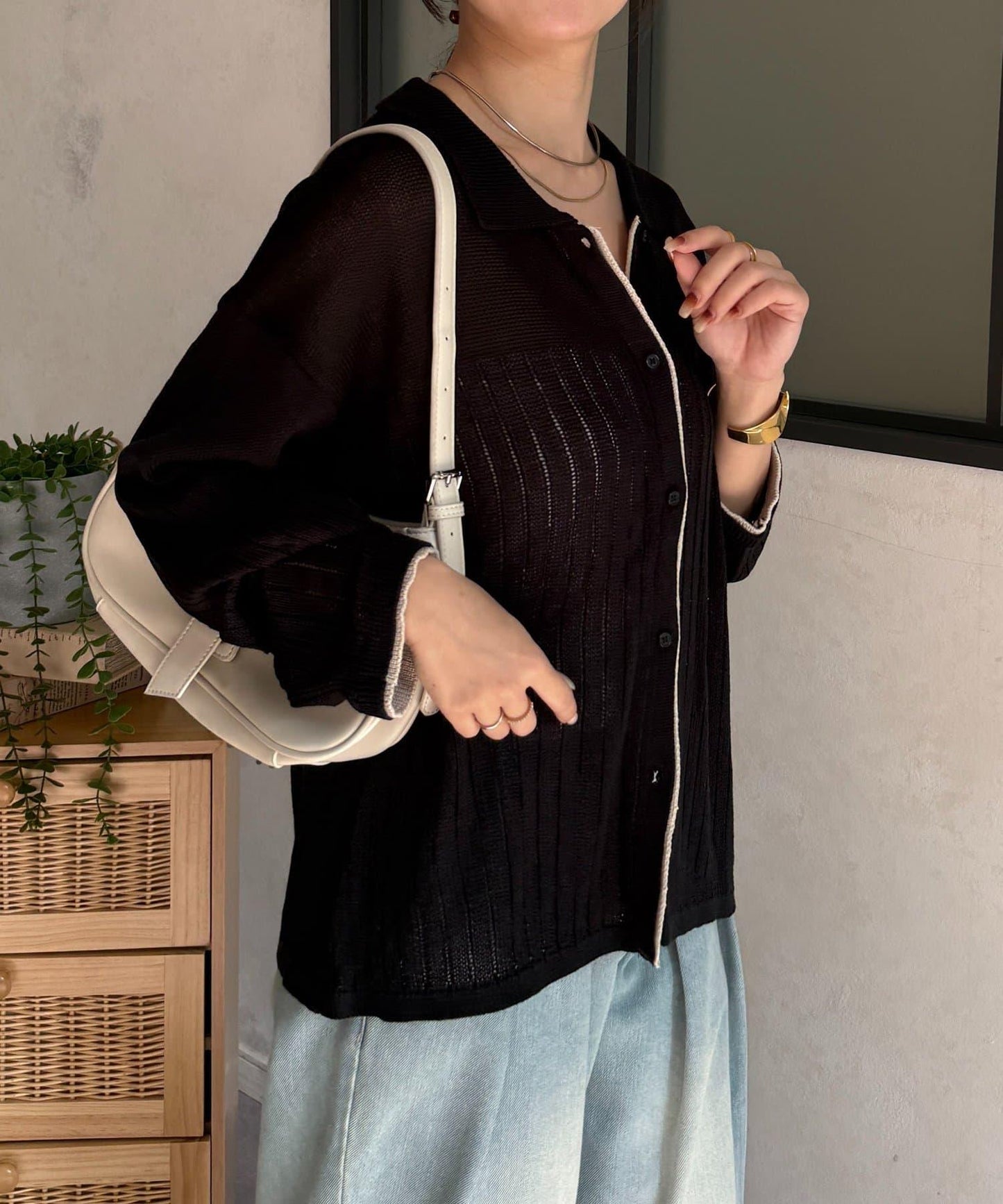 拼色 翻領 透膚針織開衫