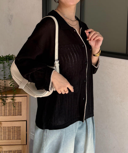 拼色 翻領 透膚針織開衫