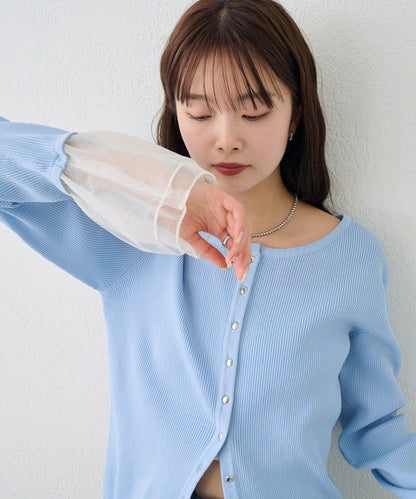 網紗拼接袖 羅紋 針織開衫