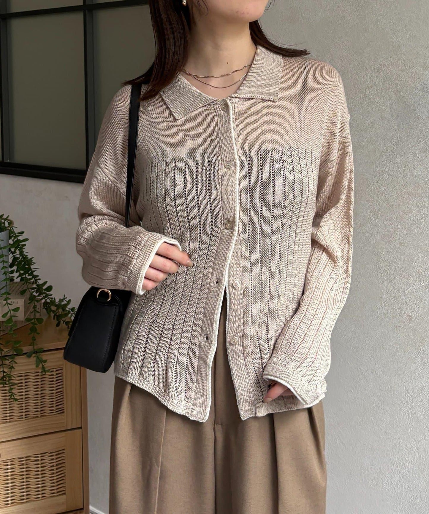 拼色 翻領 透膚針織開衫