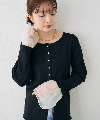 網紗拼接袖 羅紋 針織開衫
