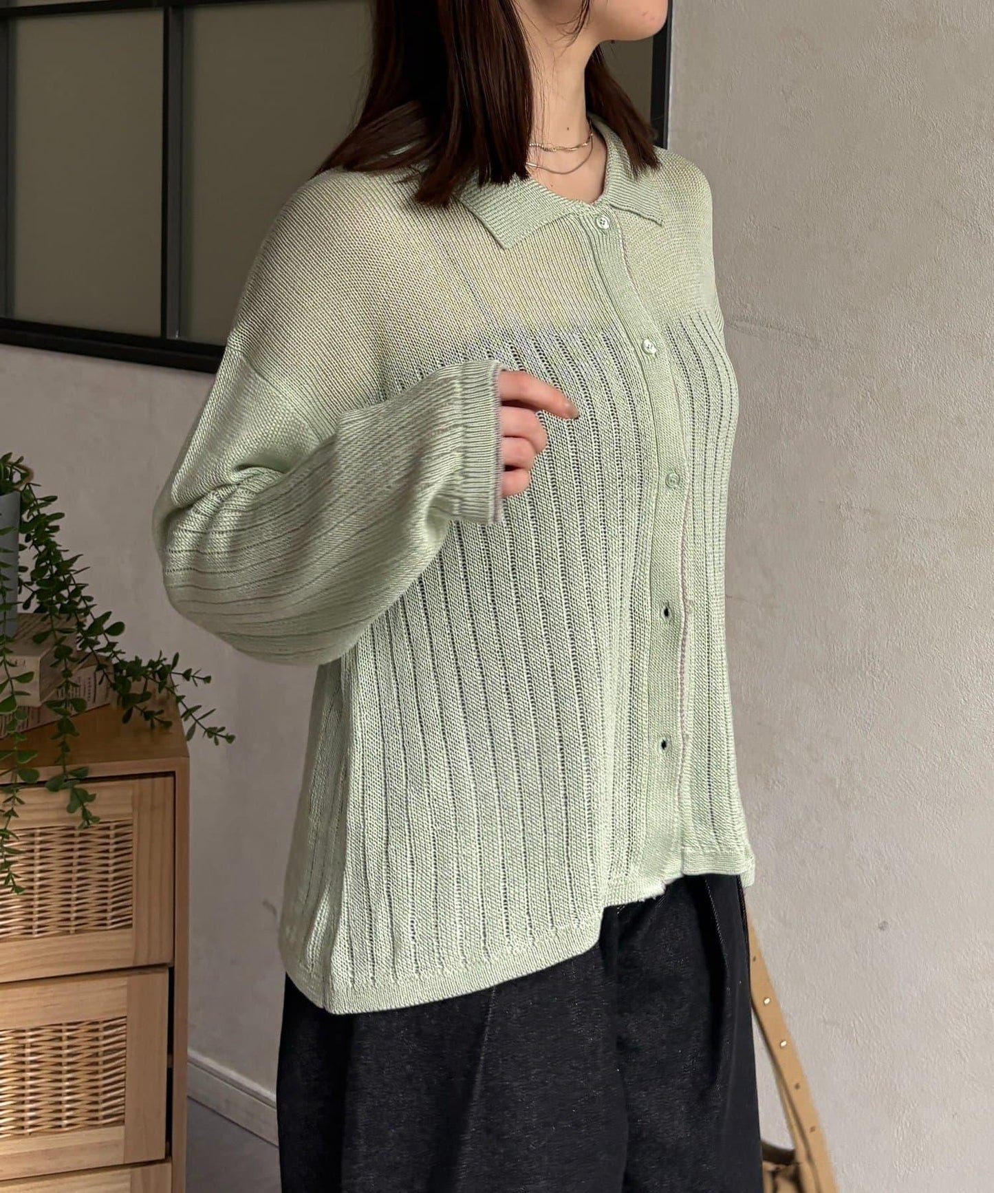 拼色 翻領 透膚針織開衫