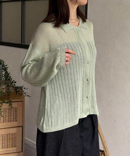 拼色 翻領 透膚針織開衫