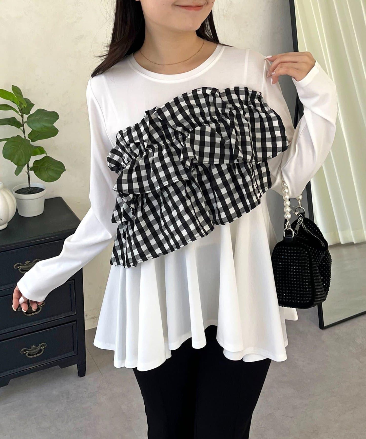 格紋荷葉邊收腰 長袖T恤