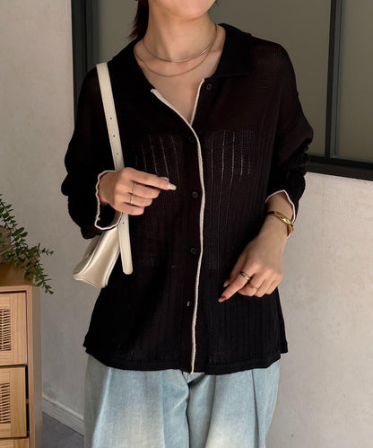 拼色 翻領 透膚針織開衫