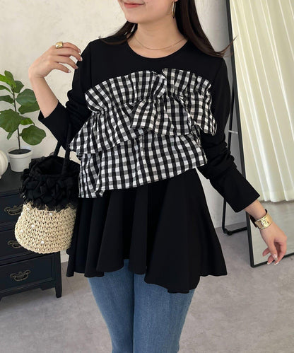 格紋荷葉邊收腰 長袖T恤