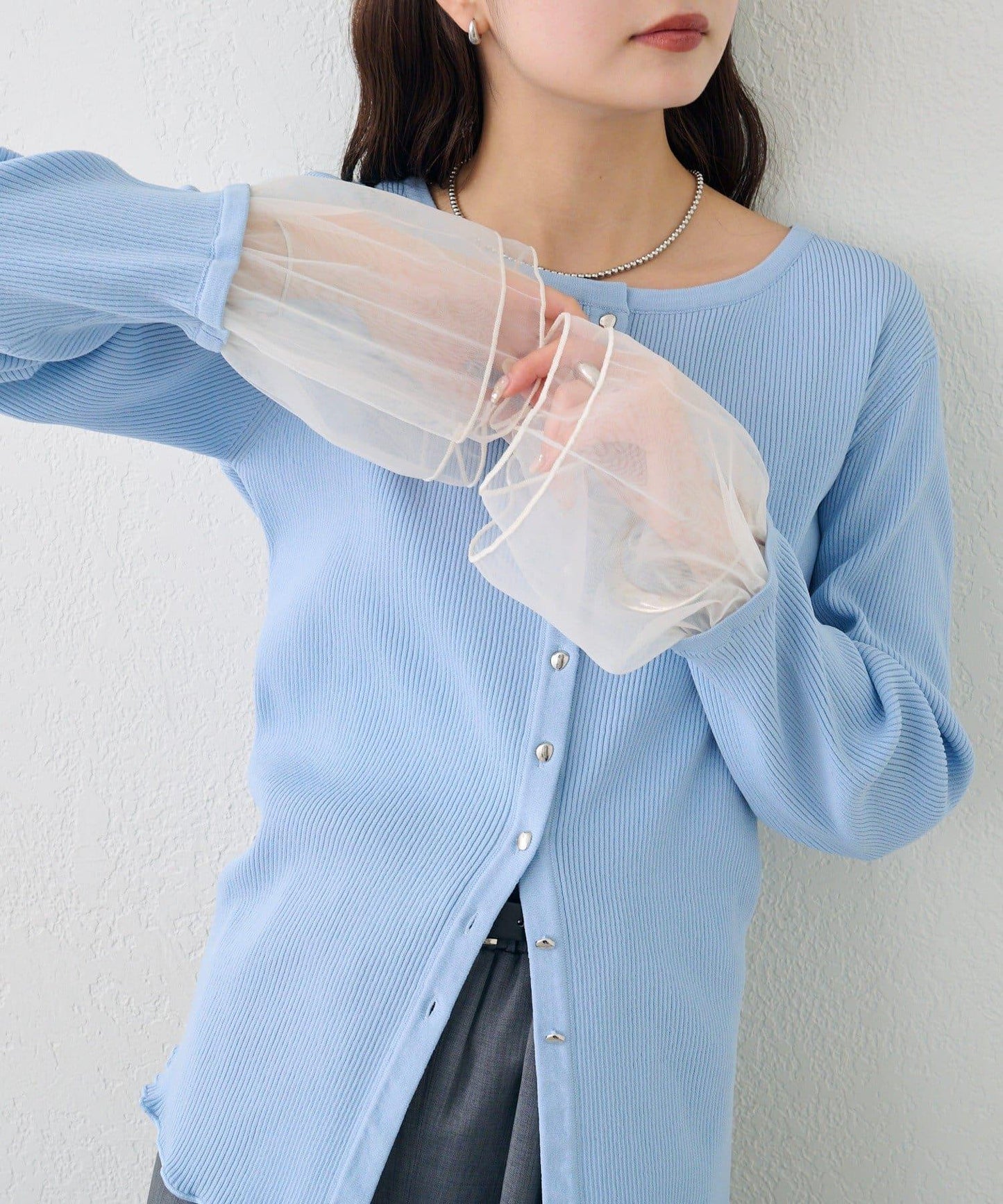 網紗拼接袖 羅紋 針織開衫