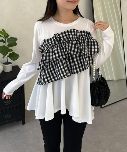 格紋荷葉邊收腰 長袖T恤