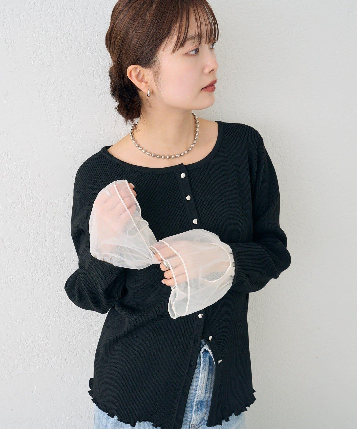 網紗拼接袖 羅紋 針織開衫